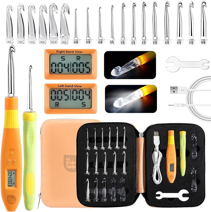 PP OPOUNT 18 Sizes Light Up Crochet Hook Set (2.0–14.0mm) - Plastic Rechargeable Lighted Hooks with LED & Digital Counter, Sliver Crochet Tools and Orange Counting Crochet Hook(Ambidextrous
