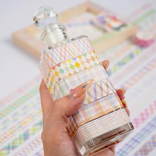 YUBX Basic Grid Washi Tape Set 12 Rolls Plaid Decorative Masking Tapes for Arts, DIY Crafts, Journals, Planners, Scrapbook, Wrapping (Colored)