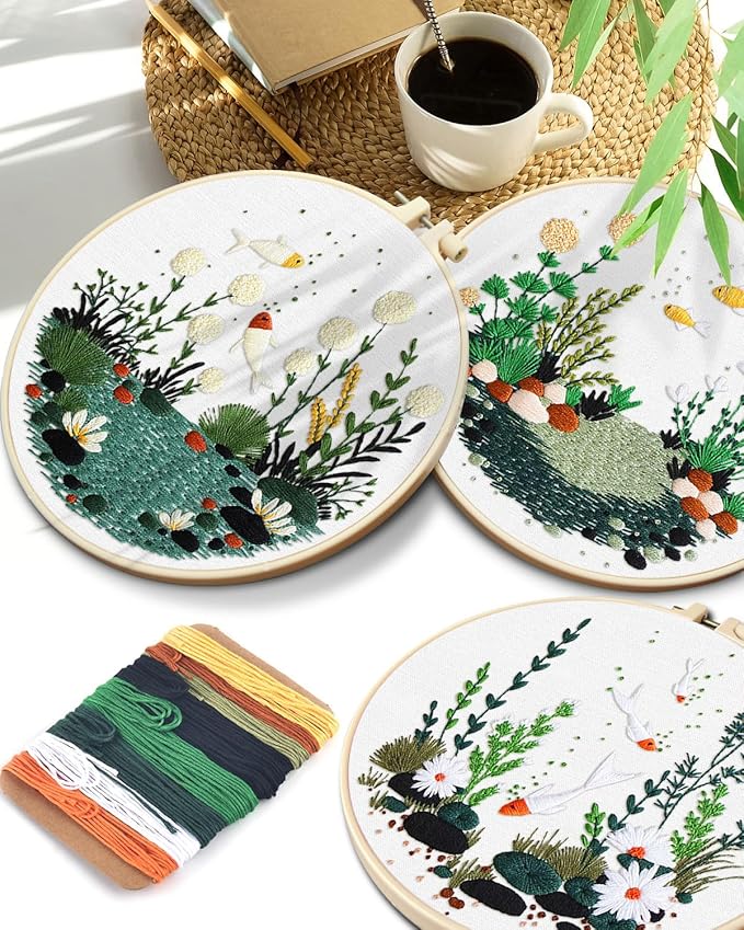 TINDTOP 5 Pack Embroidery Kit for Adult Beginners, Embroidery DIY Starter Kit, with Fish World Stamped Patterns, Hoop, Tools, Colorful Threads with Needles, Instructions