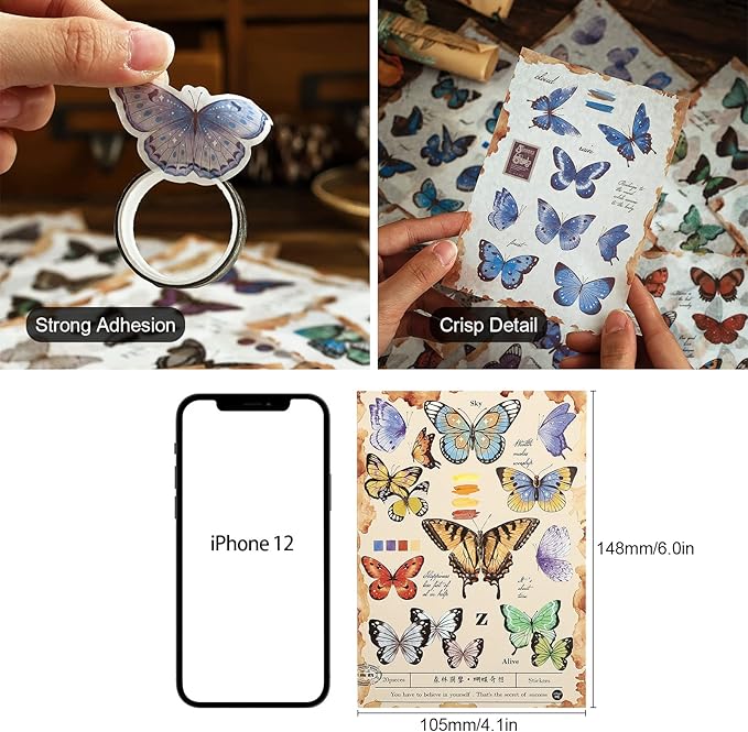 Dizdkizd Butterfly Themed Washi Stickers for Journaling, Ephemera Sticker Book, Vintage Butterfly Sticker for Scrapbooking - 20 Sheets (180 Pieces)