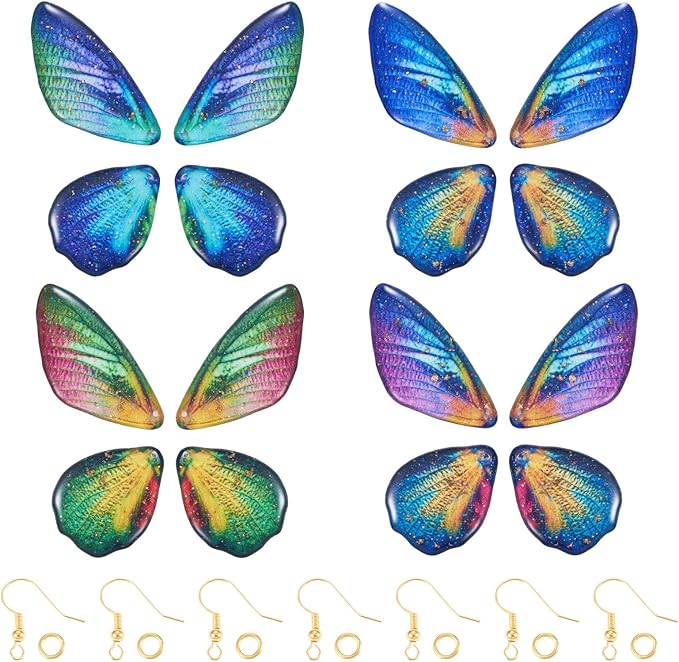 FASHEWELRY 16Pcs Resin Fairy Wings Earring Charms Dark Blue Green Butterfly Wing Pendants Opaque Insect Feather Charms with Jump Rings Earrings Hooks for DIY Earring Jewelry Making