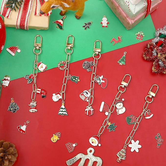 AUGSUN 189Pcs Christmas Keychain Making Kit, Charm Making Crafts Including 60 Christmas Charms 12 Keychain Clips Hooks 15 Extender Chains 100 Jump Ring and Jewelry Plier for Holiday Gifts