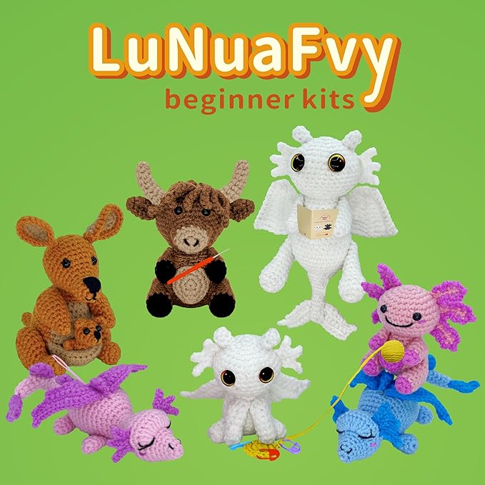 lunuafvy crochet kit for beginner adult/teen/kid 9+ - learn to crochet animal amigurumi dragon set with left/right-handed 4hr video, 3-format guides, gift-ready packaging, soft yarn & storage bag