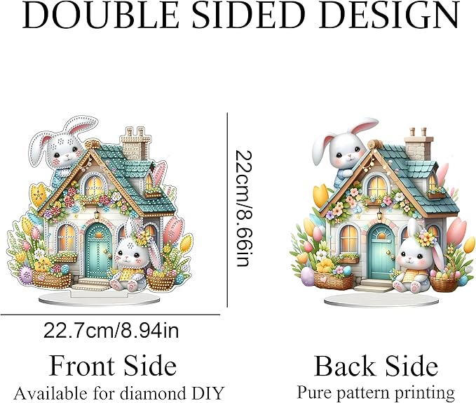 JJFox DIY Tabletop Diamond Art Painting Kit,Special Shaped Rhinestone Desk Placement Ornament,Home Stand Up Gem Painting Craft Kit,Gift,Double Sided. (Easter House)