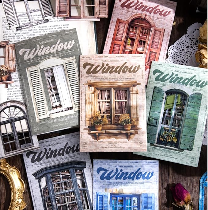 60 PCS Vintage Paper Window Frame Stickers, Aesthetic Decorative Window Cutouts Scrapbook Stickers for DIY Diary Junk Journal Handbook Album Decoration Label Sticker Journaling Scrapbooking Supplies