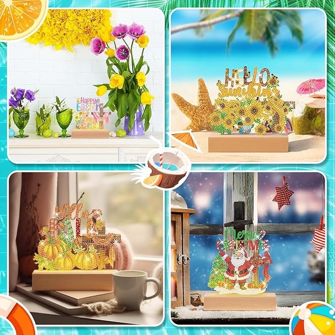 Chunful 13 Pcs Cross Seasonal Diamond Art Tabletop Interchangeable Seasonal Diamond Art Tabletop with Wooden Light Base Holiday Diamonds Painting Kits for Home Office Tiered Tray Table Decor