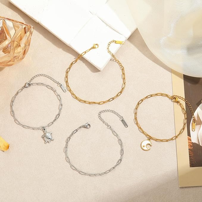 Swyabi 10 PCS Paperclip Chain Bracelet Kit 6.5 Inch Stainless Steel Charm Bulk Bracelets with Extender for DIY Jewelry Making (Gold + Steel)
