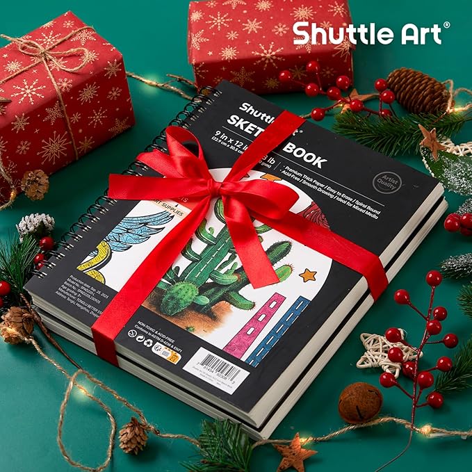 shuttle art 9x12” sketchbook, 220 sheets total, pack of 2(110 sheets each), 68lb/100gsm thick paper, spiral bound mixedmedia sketch pad, acid-free drawing pad for kids adults artists sketching drawing