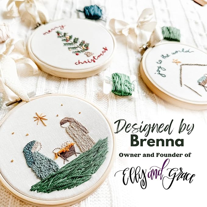 elly & grace christian embroidery kit with embroidery hoop, easy embroidery kit for beginners and adults, full embroidery hoop kit with needles and thread included (joy to the world)