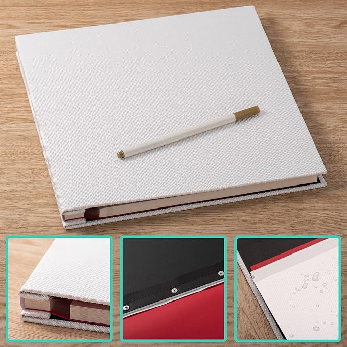 Large Photo Album Self Adhesive for 4x6 5x7 8x10 Pictures Magnetic Scrapbook Album 20 Sheets / 40 Pages Linen Cover DIY Photo Album with A Metallic Pen and and Plastic Board(White)