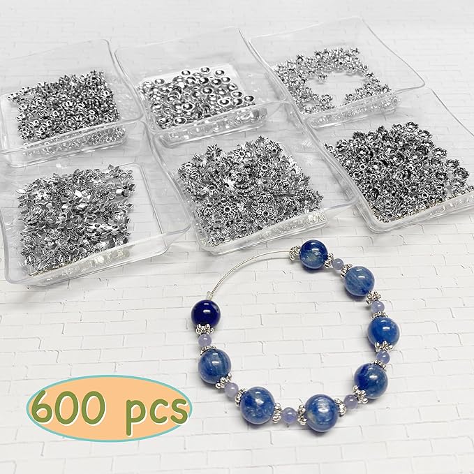Sparkling Charms Antique Spacer Bead Caps – Mixed Bali & Tibetan Style Metal End Caps for Jewelry Making, Fits 8–14mm Beads, Silver Finish for Bracelets Necklaces Earrings DIY Crafts (Silver, 600pcs)