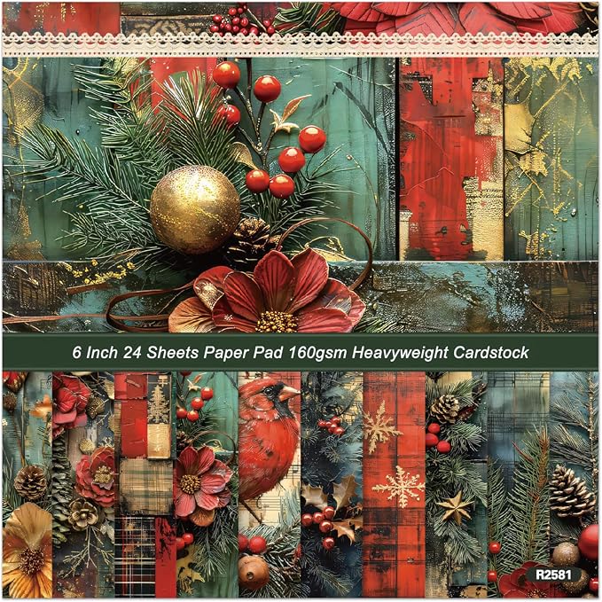 Christmas Scrapbook Paper Pad 24 Sheets Scrapbooking Supplies, Single-Sided Patterned Cardstock Pads for Card Making, Designer Planner Journals, Background Borders, Greeting Cards 6"×6”