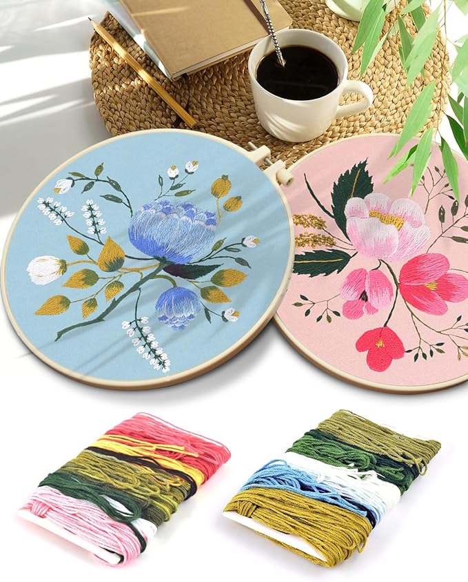 TINDTOP Embroidery Kit for Adult, Owl Embroidery Kit for Beginners Include Embroidery Cloth Hoops Threads for Craft Lover Hand Stitch with Embroidery Skill Techniques (Flower)
