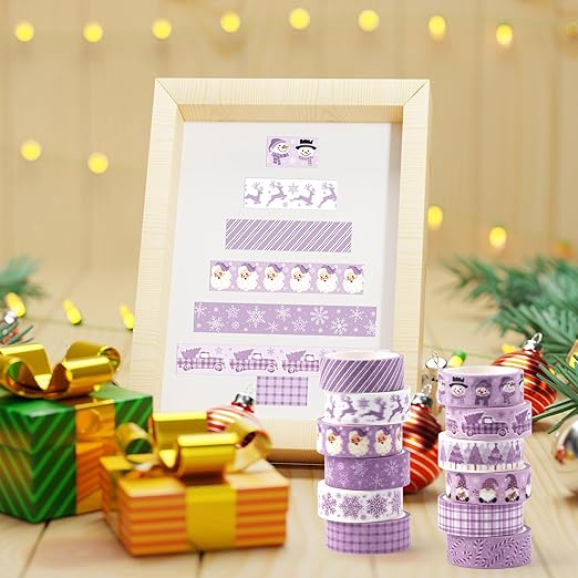 Purple Christmas Washi Tape - 12 Rolls Elegant Santa Reindeer Snowflake Watercolor Double Sided Scrapbook Masking Washi Tape School Office Adhesive Glue Scrapbooking Supplies Gift Wrapping