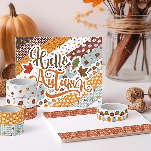Whaline 12 Rolls Fall Boho Washi Tape Autumn Pumpkin Sweater Washi Tape Decorative Masking Tape for Thanksgiving Harvest Scrapbook Journal DIY Art Craft Gift Wrapping Supplies