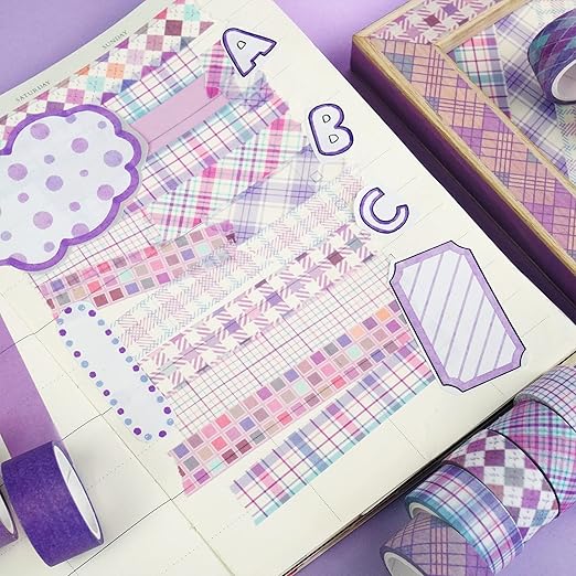 YUBX Basic Grid Washi Tape Set 12 Rolls Plaid Decorative Masking Tapes for Arts, DIY Crafts, Journals, Planners, Scrapbook, Wrapping (Purple)
