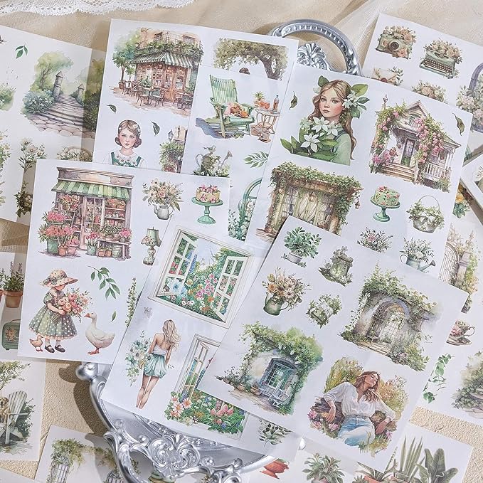Garden Journal Stickers, 50 Sheets Washi Junk Journaling Sticker Book, Scrapbook Supplies, Watercolor Scrapbooking for Adults, Green Decorative Ephemera Arts Craft