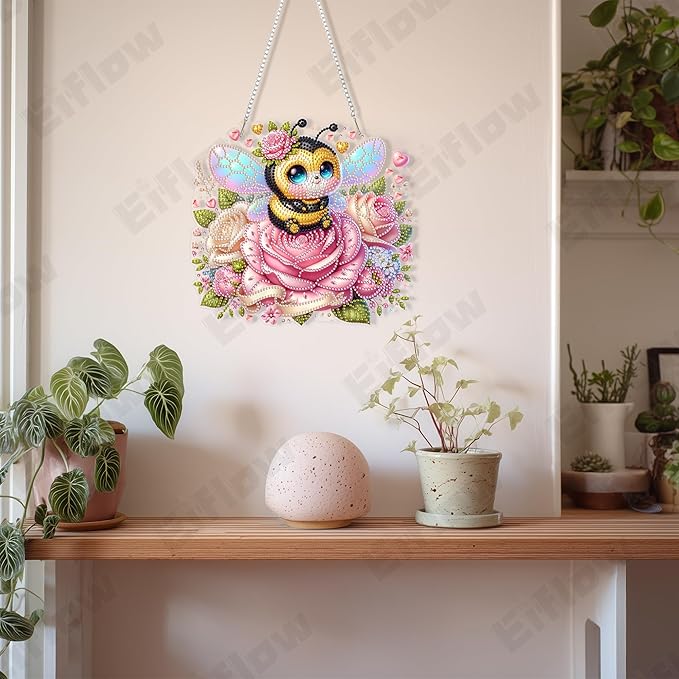 Eiflow Acrylic Diamond Art Hanging Kit for Adults, DIY Diamonds Painting Door Hanging Board Kit, Special Crystal Diamond Art Painting Pendant Ornament (Valentine Bee)