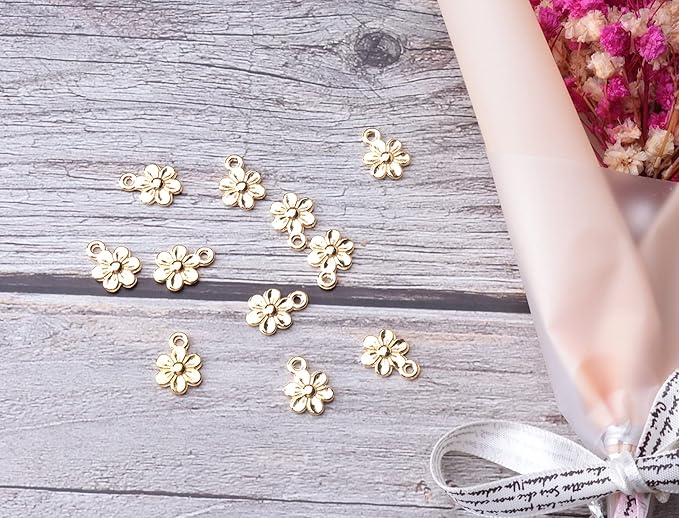 Ruwado 50 Pcs Little Flowers Charms Metal Vintage Cute Vintage Small Flower Pendants for Jewelry Making Kit Bracelet Necklace DIY Making Crafting Project Accessories Supplies (Gold)
