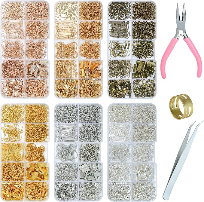 Gacuyi Jewelry Making Supplies Kit, Jewelry Repair Tools Kit with Pliers, Open Jump Rings, Lobster Clasps, Earring Hooks, Eye Pins, Findings and Beading Wires for Adults and Beginners (Silver)