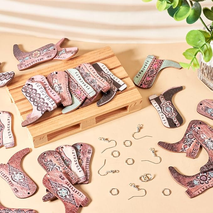 Beadthoven Earrings Making Kit Cowboy Boots Wood Earring Dangle Charms 22pcs Western Cowboy Boot Pendants Assorted Wood Pendants with Earring Hooks Jump Rings for DIY Earrings Jewelry Making Supplies