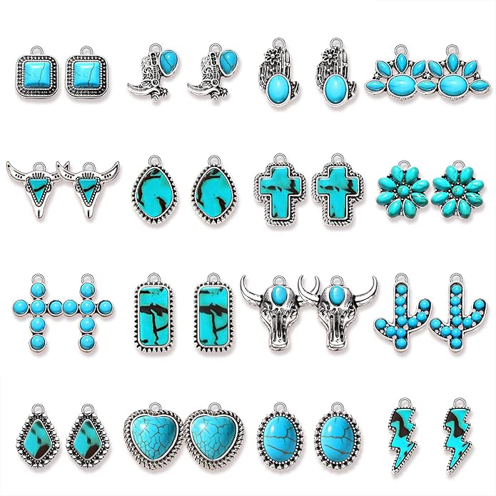NVENF 32PCS Western Charms for Jewelry Making, Synthetic Turquoise Vintage Cactus Heart Flower Lightning Cowboy Boot Pendant for Bracelet Necklace Earring DIY Crafts