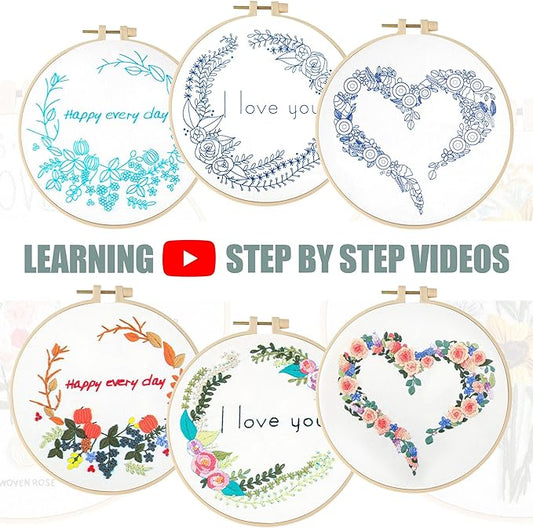 lx lermx embroidery kits for beginners, adult starter cross stitch kit needlepoint complete diy kit with unique patterns, hoop, colorful threads, tools, step by step instructions & video tutorial