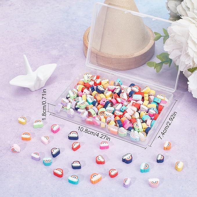 SUNNYCLUE 1 Box 200Pcs Rainbow Beads Handmade Polymer Clay Bead Rainbow Shaped Focal Colorful Flat Back Beaded Loose Spacer for Jewelry Making Kit Beading Bracelet Necklace Supplies