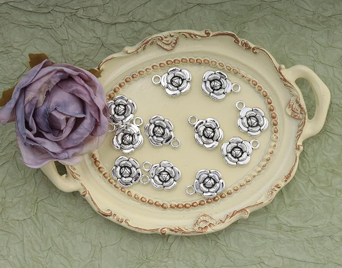 30 Pcs Rose Charms Vintage 1.6 X 1.2 X 0.4 CM Chic Flower Pendants for DIY Jewelry Making Kits Necklace Bracelets Earring Keychain Accessories