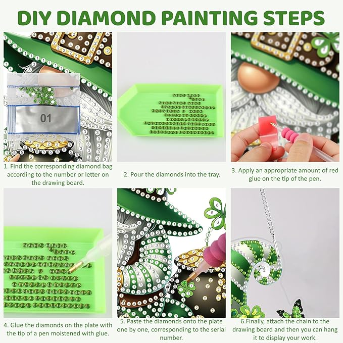 MEIYUDA St. Patrick's Day Hanging Diamond Art Kits for Adult, Beer Clover Gnome Diamond Painting Kits Ornaments, DIY Special Shaped Rhinestone Window Pendants kit for Home Garden Wall Decor Gift