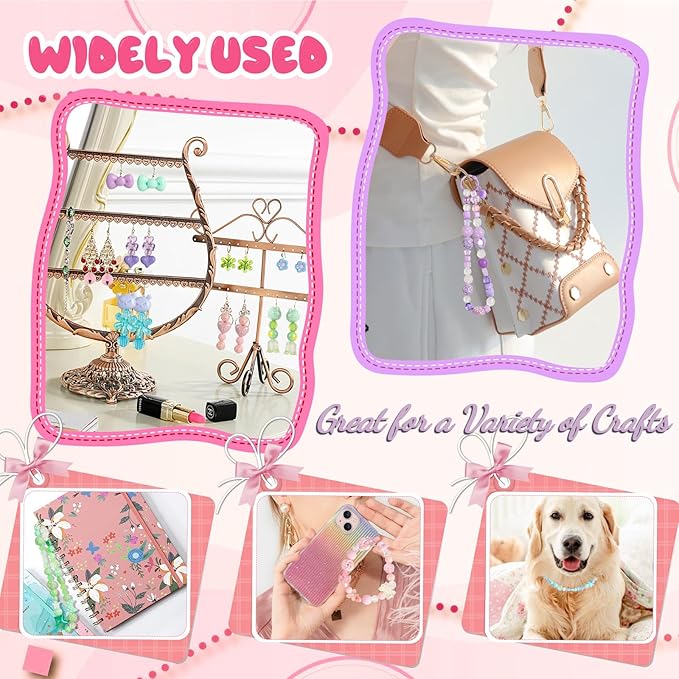 RYKOMO 450-550PCS Assorted Acrylic Beads for Bracelet Making Kit, with Bell, String, Key Rings, Clips in 4 Colors Flowers Hearts Bows Bears Candy Kawaii Cute Beads for DIY Keychain Jewelry Making
