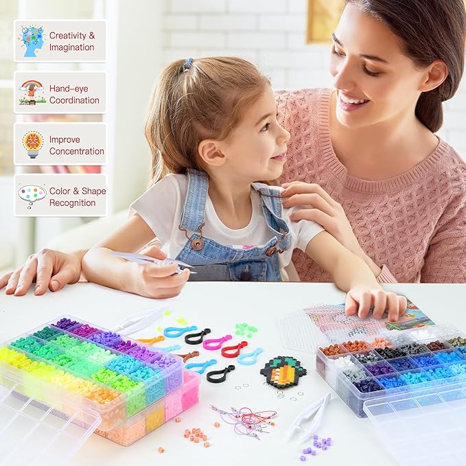 QUEFE Fuse Beads Kit 15000 Pcs 72 Colors 5mm Beads Craft Kit Including Pegboard, Melting Beads, Ironing Paper, Tweezers & Colorful Hooks, Christmas Home School Arts and Crafts Supplies for Girls