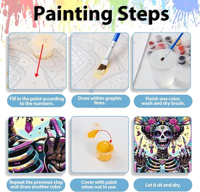 hkejoi Skeleton Paint by Numbers Kit for Adults Beginners, Skull Paint by Number for Adults, Painting by Number DIY Crafts Acrylic for Gift Home Decor 16x20 in