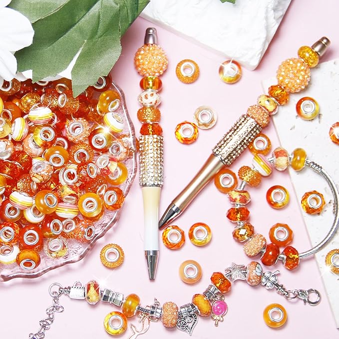 60Pcs Large Hole Beads Spacer Beads Orange Assorted European Craft Big Beads Large Hole Lampwork Murano Bead Fairy Wand Garden Bead for DIY Charm Bracelet Necklace Jewelry Making Decoration Supplies