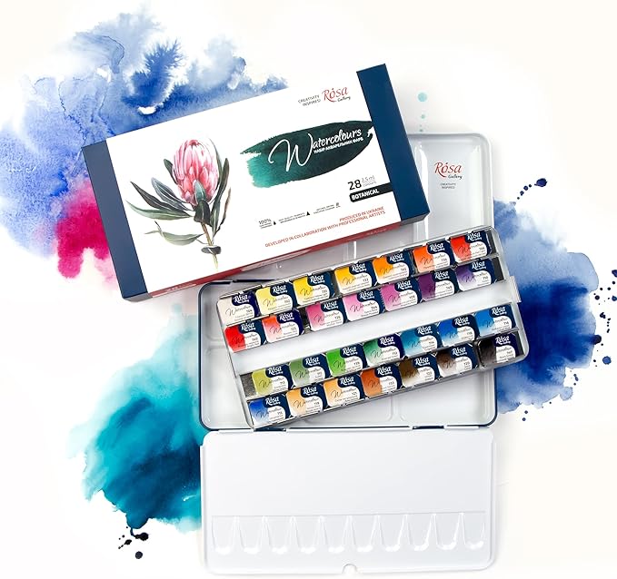 ROSA Gallery Botanical Watercolor Paint Set, Vibrant Kit Designed by Professional Artists, Washable, High Lightfastness Pigments, Made in Ukraine, Packed in Metal Paint Box, 28 Ct.