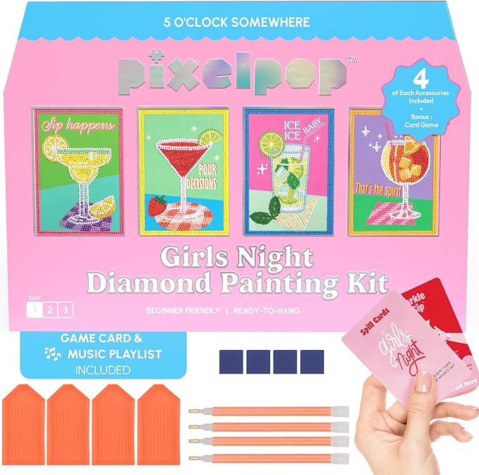HOUSE OF PARTY Diamond Art Paintings | Girls Night Diamond Art Kit for Adults | Fun & Easy Craft Kit with Conversation Cards, Curated Music Playlist, and Wood Frames for Ready-to-Hang Art