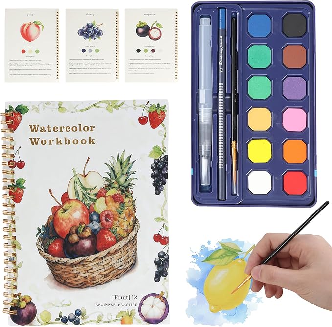 Watercolor Coloring Book Set with Paint & Brush – 12 Colors Fruit Theme, Art Therapy Activity Kit for Classroom, Corporate Events, Employee Birthday Gifts, ADHD Relaxation & Stress Relief