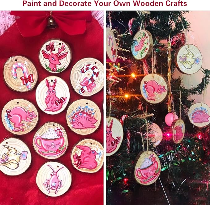 Collabell Christmas Ornament Craft Kit - 20Pcs Natural Round Wood Slices with Painting Supplies for Family, Make Your Own Wood Xmas Tree Decorations, DIY Homemade Wooden Ornaments & Holiday Decor