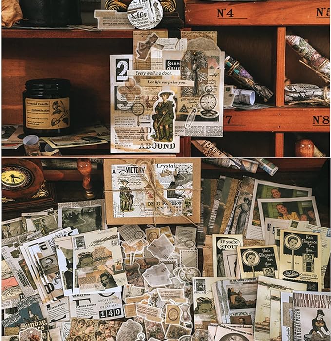 Esweny 200 Pieces Vintage Ephemera Scrapbooking Supplies Pack for Decoupage, Collage Craft, Notebooks, Album, Planners, Paper Scrapbook Stickers Kit (Retro)