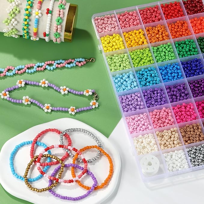 4mm Seed Beads for Jewelry Making, Funtopia 39 Colors Small Beads for Bracelets Making Kit, 3510pcs Friendship Bracelet Bead, Tiny Colorful Bead with Elastic String for DIY Art Craft