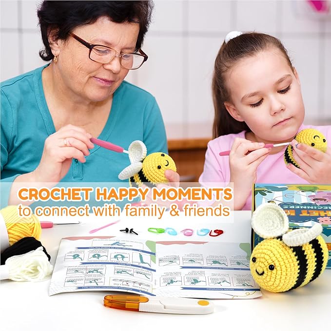 Karsspor Crochet Kit for Beginners, Crochet Starter Kit with Detailed Instructions and Video Tutorials, Complete Crochet Animal Kit, Crochet for Adults Kids, Adorable Bee