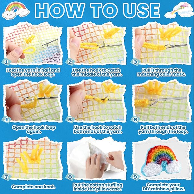 Justforjoyful Rainbow Latch Hook Kit Rainbow Pillow DIY Craft Kit for Making Your Own DIY Pillow Valentine's Day Craft Kit for Pattern Paint Cross Sewing Sofa Cushion Plush Gift