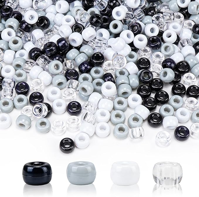 1000PCS 6x9mm Pony Beads Bulk – Black, Gray, White Kandi Beads for Bracelets, Hair Braids, Jewelry Making, Crafts – Large Hole Plastic Bead for DIY Kits