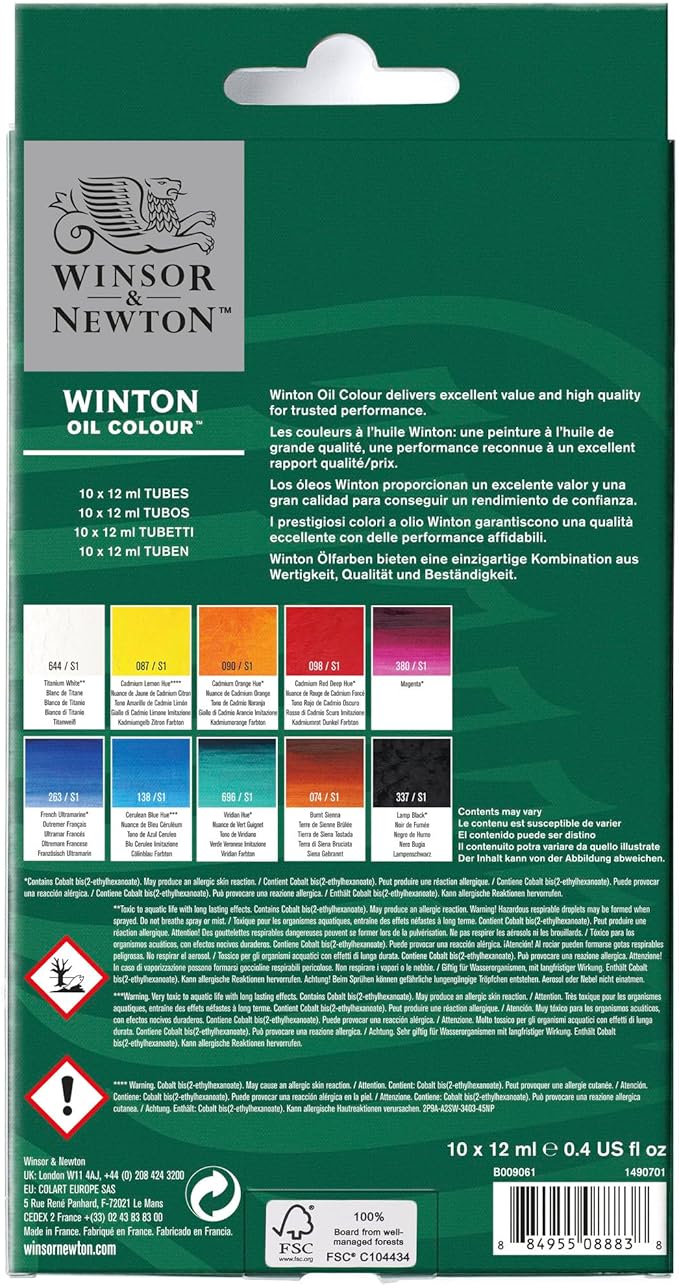 Winsor & Newton Winton Oil Color Paint Set, 10 x 12ml (0.4-oz) Tubes