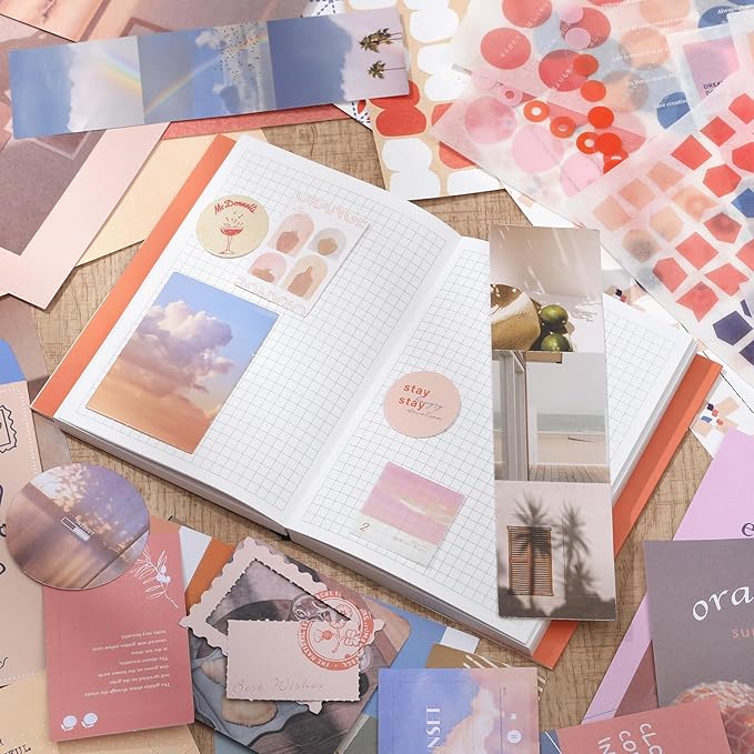 imoon Scrapbook Photo Album Supplies Kit with Tweezers and Glue Tape – Romantic Aesthetic Junk Journal Kit, Scrapbooking Paper, Sticker Pack, Notebook, DIY Craft, Gift for Adults (Sunset)
