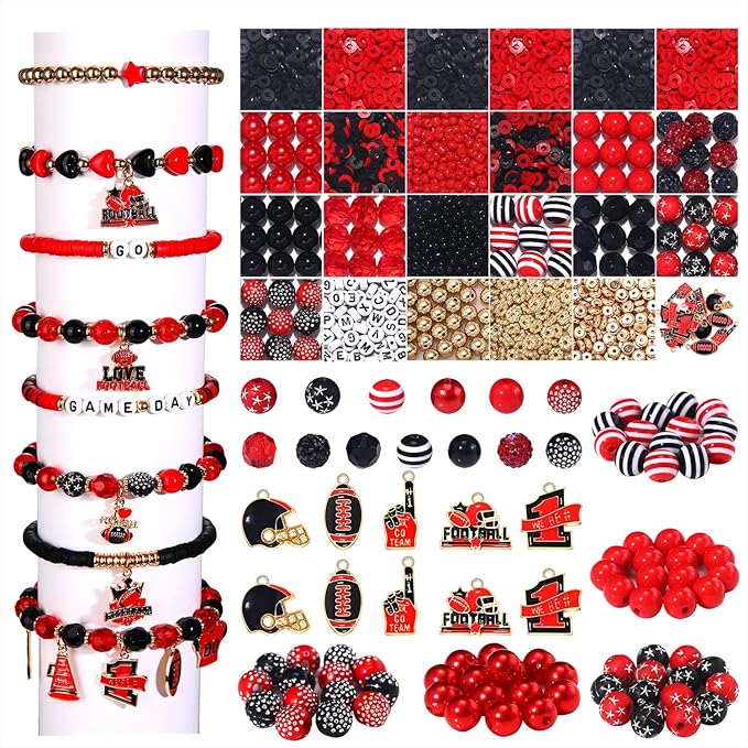 HSWE Game Day Beads for Bracelets Making Kit,Red Black Heishi Clay Pearl Letter Assorted Round Beads Gold Spacer Beads with Football Charms for DIY Bracelets Necklace Jewelry Making, 2100PCS+
