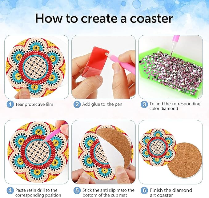 8 Pcs Mandala Diamond Art Coasters Kit with Holder, DIY Mandala Diamond Painting Coasters for Beginners Adults, Non Slip Diamond Art Kits Craft Supplies 4x4inch