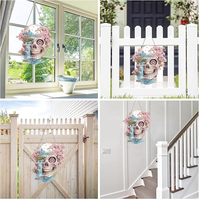 Reofrey Hanging Diamond Art Kits for Adults - 8x8 Inch Skeleton Landscape Acrylic Board Double Sided Pattern Diamond Art Suncatcher Pendant, Crystal Art for Home Wall Window Decoration Handmade Gift