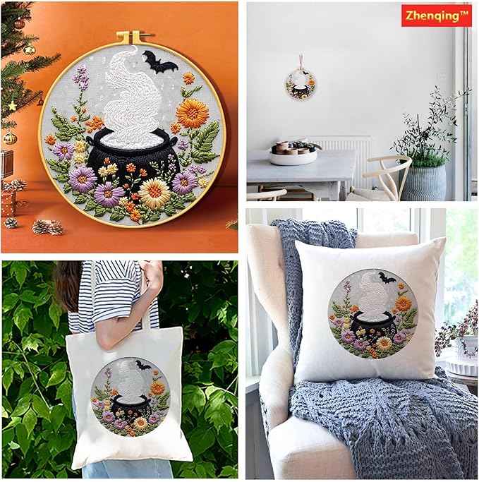 Zhenqing Halloween Magic Cauldron Embroidery Kit for Beginners - Complete Set with Pre-Printed 29x29cm Cotton Fabric, Hoop, Threads & Tools (C0120)