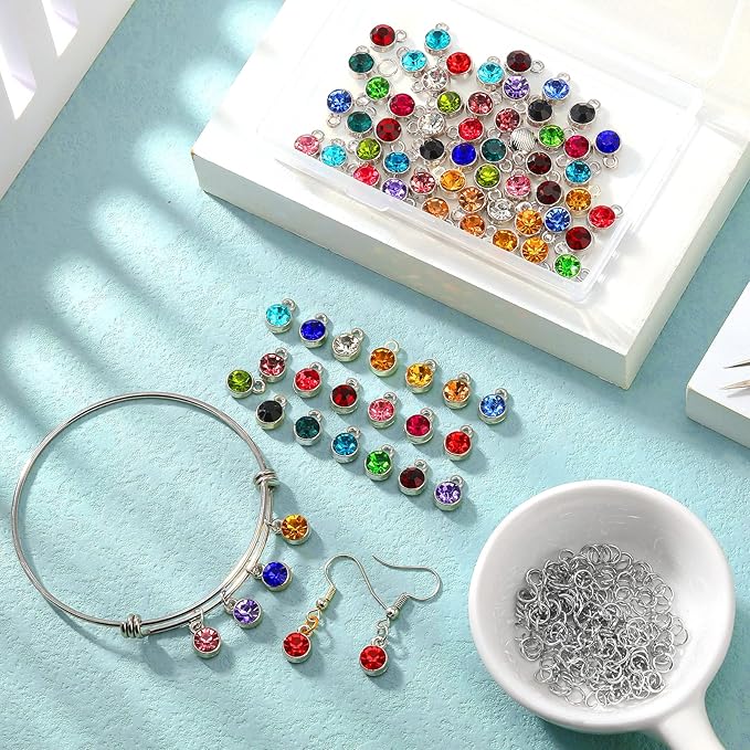 Sureio 80 Pieces Crystal Birthstone Charms with 200 Jump Ring Handmade DIY Beads Pendant Mixed Color Birthstones for Jewelry Making Round Charms for Bracelets Necklaces Jewelry Findings (Vivid Color)